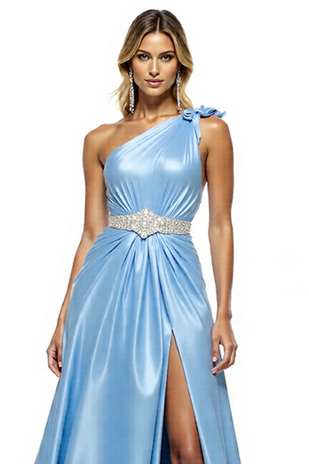 Blue One Shoulder Satin A Line Long Formal Dress with Slit