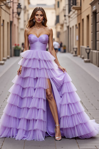 Purple Tulle Ruffled A Line Long Formal Dress with Slit