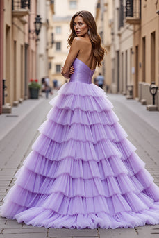 Purple Tulle Ruffled A Line Long Formal Dress with Slit