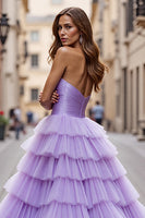 Load image into Gallery viewer, Purple Tulle Ruffled A Line Long Formal Dress with Slit