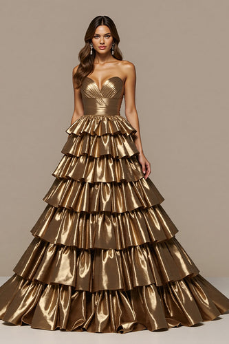 Golden Satin Ball Gown Sweetheart Ruffled Long Formal Dress