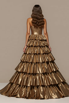 Golden Satin Ball Gown Sweetheart Ruffled Long Formal Dress