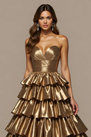 Load image into Gallery viewer, Golden Satin Ball Gown Sweetheart Ruffled Long Formal Dress