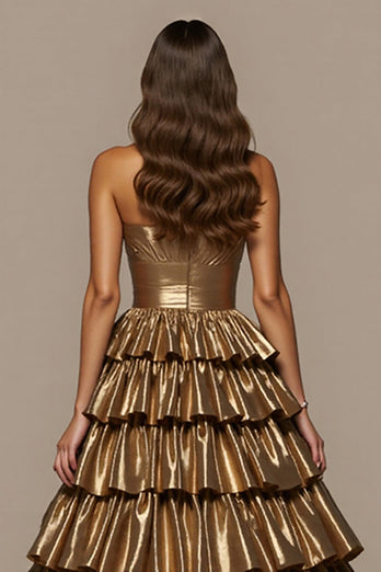 Golden Satin Ball Gown Sweetheart Ruffled Long Formal Dress