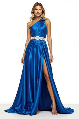 Royal Blue One Shoulder A Line Long Satin Formal Dress with Slit