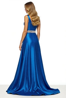 Royal Blue One Shoulder A Line Long Satin Formal Dress with Slit