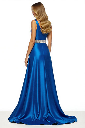 Royal Blue One Shoulder A Line Long Satin Formal Dress with Slit