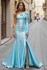 Load image into Gallery viewer, Blue One Shoulder Satin Mermaid Long Formal Dress with Slit
