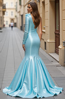 Load image into Gallery viewer, Blue One Shoulder Satin Mermaid Long Formal Dress with Slit