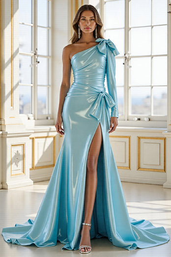 Blue Mermaid One Shoulder Satin Long Formal Dress with Bow