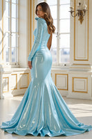 Load image into Gallery viewer, Blue Mermaid One Shoulder Satin Long Formal Dress with Bow