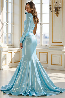 Blue Mermaid One Shoulder Satin Long Formal Dress with Bow