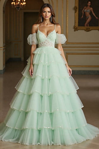 Green Tulle Tiered Ball Gown Long Formal Dress with Appliques