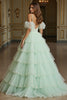 Load image into Gallery viewer, Green Tulle Tiered Ball Gown Long Formal Dress with Appliques