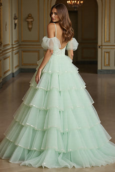 Green Tulle Tiered Ball Gown Long Formal Dress with Appliques