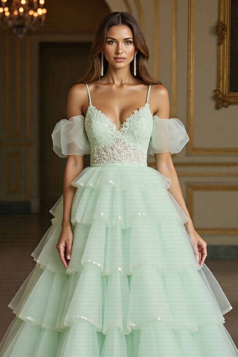 Load image into Gallery viewer, Green Tulle Tiered Ball Gown Long Formal Dress with Appliques