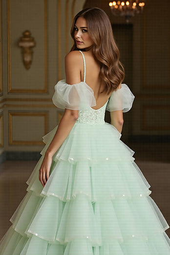 Green Tulle Tiered Ball Gown Long Formal Dress with Appliques