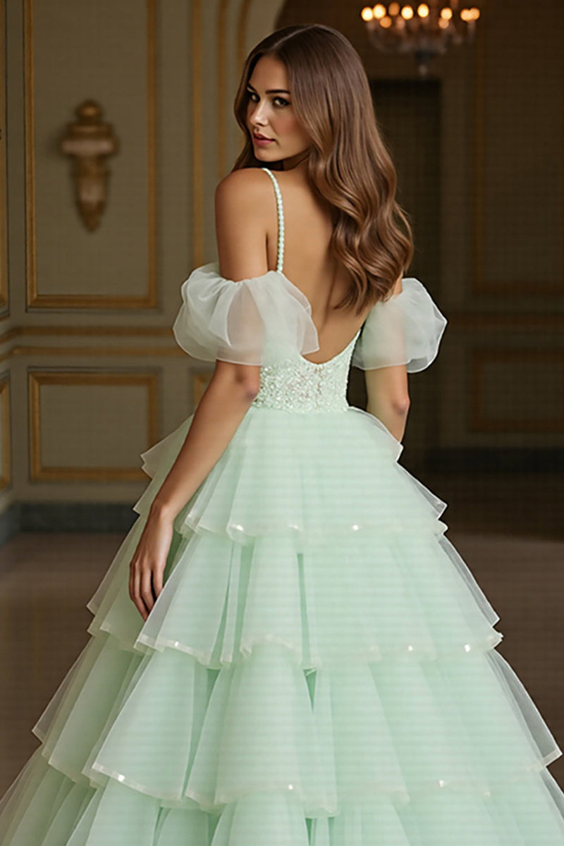 Load image into Gallery viewer, Green Tulle Tiered Ball Gown Long Formal Dress with Appliques