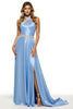 Load image into Gallery viewer, Sparkly Blue A Line Halter Long Satin Formal Dress with Slit