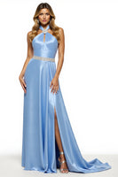 Load image into Gallery viewer, Sparkly Blue A Line Halter Long Satin Formal Dress with Slit
