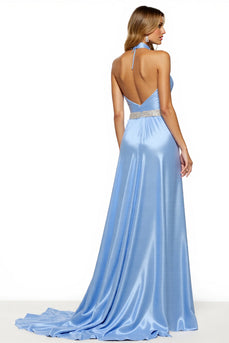 Sparkly Blue A Line Halter Long Satin Formal Dress with Slit