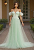 Load image into Gallery viewer, Green Tulle A Line Off the Shoulder Long Formal Dress with Appliques
