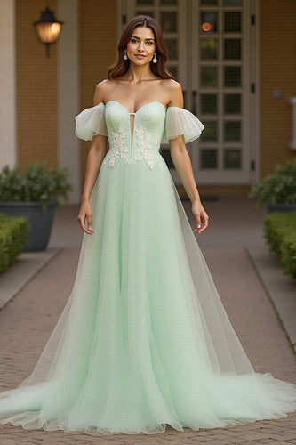 Green Tulle A Line Off the Shoulder Long Formal Dress with Appliques