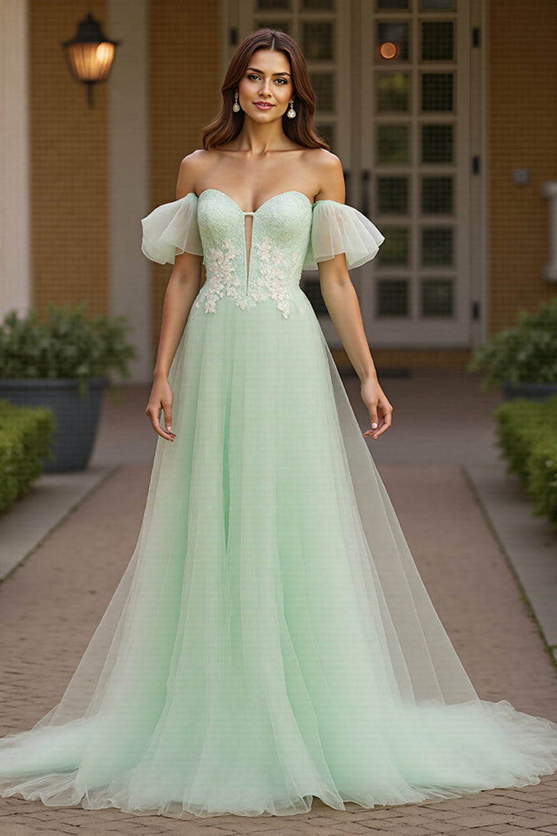 Load image into Gallery viewer, Green Tulle A Line Off the Shoulder Long Formal Dress with Appliques