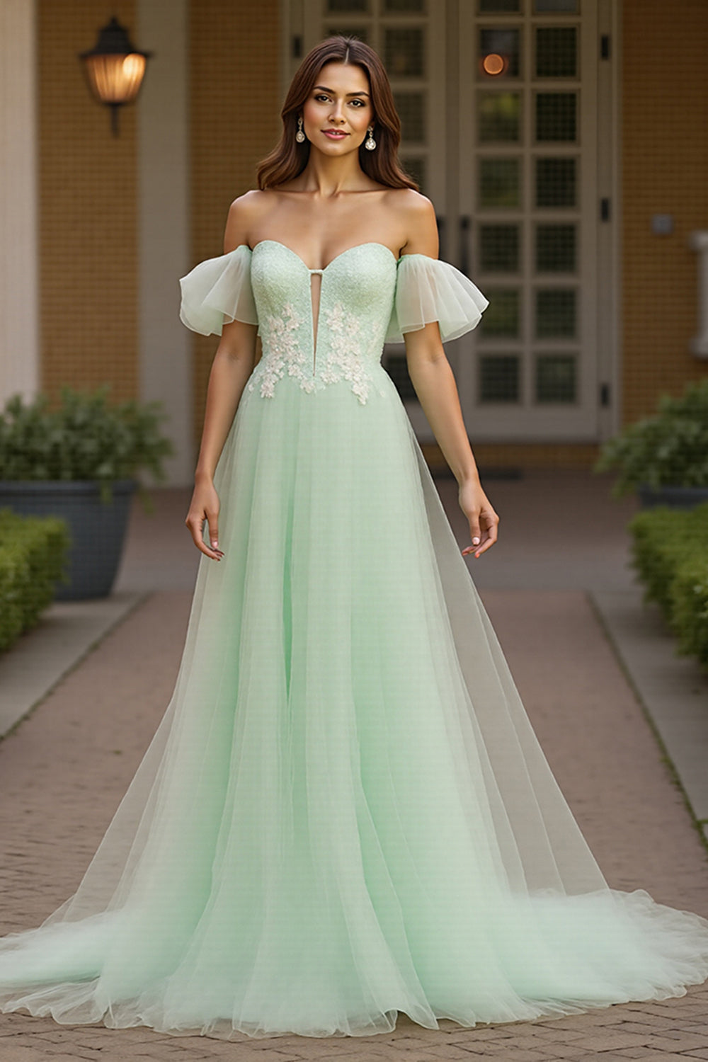 Green Tulle A Line Off the Shoulder Long Formal Dress with Appliques