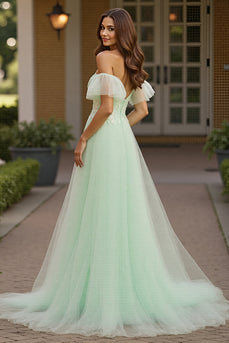 Green Tulle A Line Off the Shoulder Long Formal Dress with Appliques
