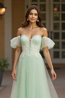 Load image into Gallery viewer, Green Tulle A Line Off the Shoulder Long Formal Dress with Appliques