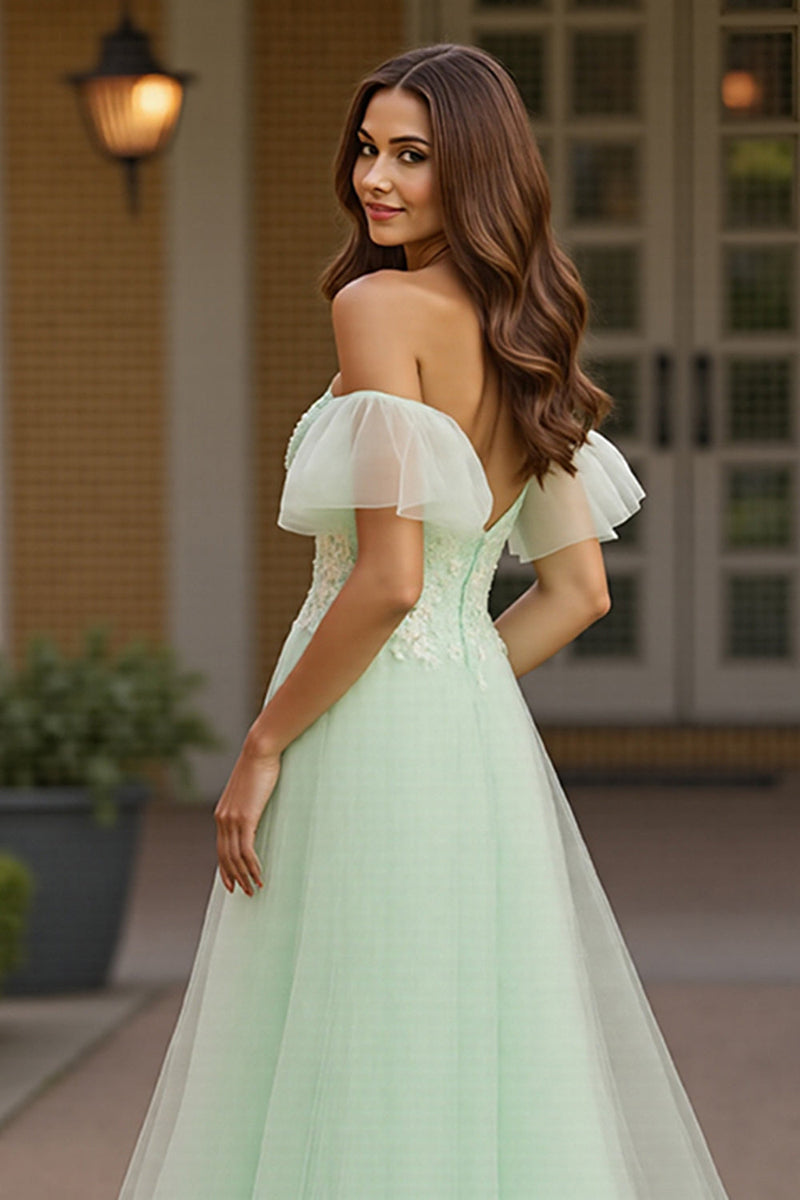 Load image into Gallery viewer, Green Tulle A Line Off the Shoulder Long Formal Dress with Appliques