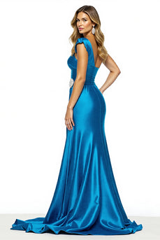 Blue A Line Satin One Shoulder Long Formal Dress with Slit