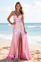Load image into Gallery viewer, Sparkly Pink Sequin Mermaid Long Formal Dress with Slit