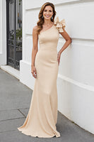 Load image into Gallery viewer, Apricot One Shoulder Satin Mermaid Long Formal Dress with Bow