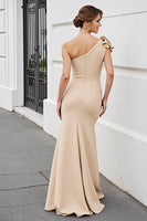 Load image into Gallery viewer, Apricot One Shoulder Satin Mermaid Long Formal Dress with Bow