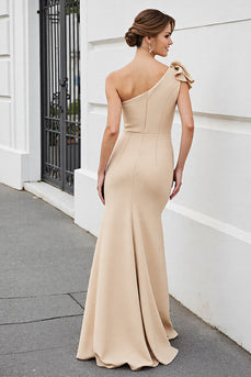 Apricot One Shoulder Satin Mermaid Long Formal Dress with Bow