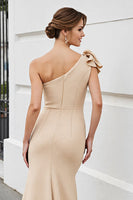 Load image into Gallery viewer, Apricot One Shoulder Satin Mermaid Long Formal Dress with Bow