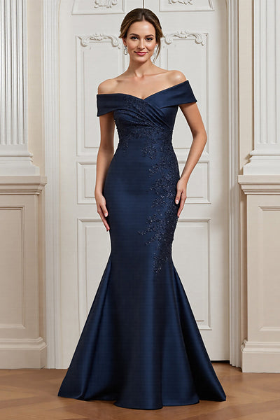 Navy Satin Off the Shoulder Mermaid Long Mother of the Bride Dress with Appliques