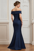 Load image into Gallery viewer, Navy Satin Off the Shoulder Mermaid Long Mother of the Bride Dress with Appliques