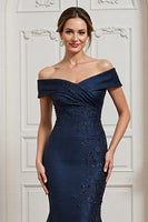 Load image into Gallery viewer, Navy Satin Off the Shoulder Mermaid Long Mother of the Bride Dress with Appliques