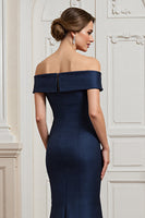 Load image into Gallery viewer, Navy Satin Off the Shoulder Mermaid Long Mother of the Bride Dress with Appliques