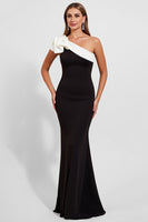 Load image into Gallery viewer, Black Satin One Shoulder Long Mermaid Formal Dress