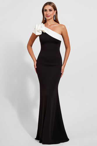 Black Satin One Shoulder Long Mermaid Formal Dress