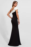 Load image into Gallery viewer, Black Satin One Shoulder Long Mermaid Formal Dress