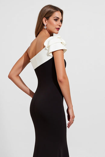 Black Satin One Shoulder Long Mermaid Formal Dress
