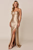 Load image into Gallery viewer, Gold Sheath Spaghetti Straps Satin Long Formal Dress with Slit