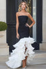 Load image into Gallery viewer, Black White Satin Mermaid Ruffled High-Low Formal Dress