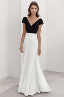 Load image into Gallery viewer, Black White A-Line V-Neck Satin Long Formal Dress with Sleeves