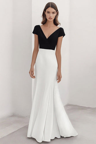 Black White A-Line V-Neck Satin Long Formal Dress with Sleeves